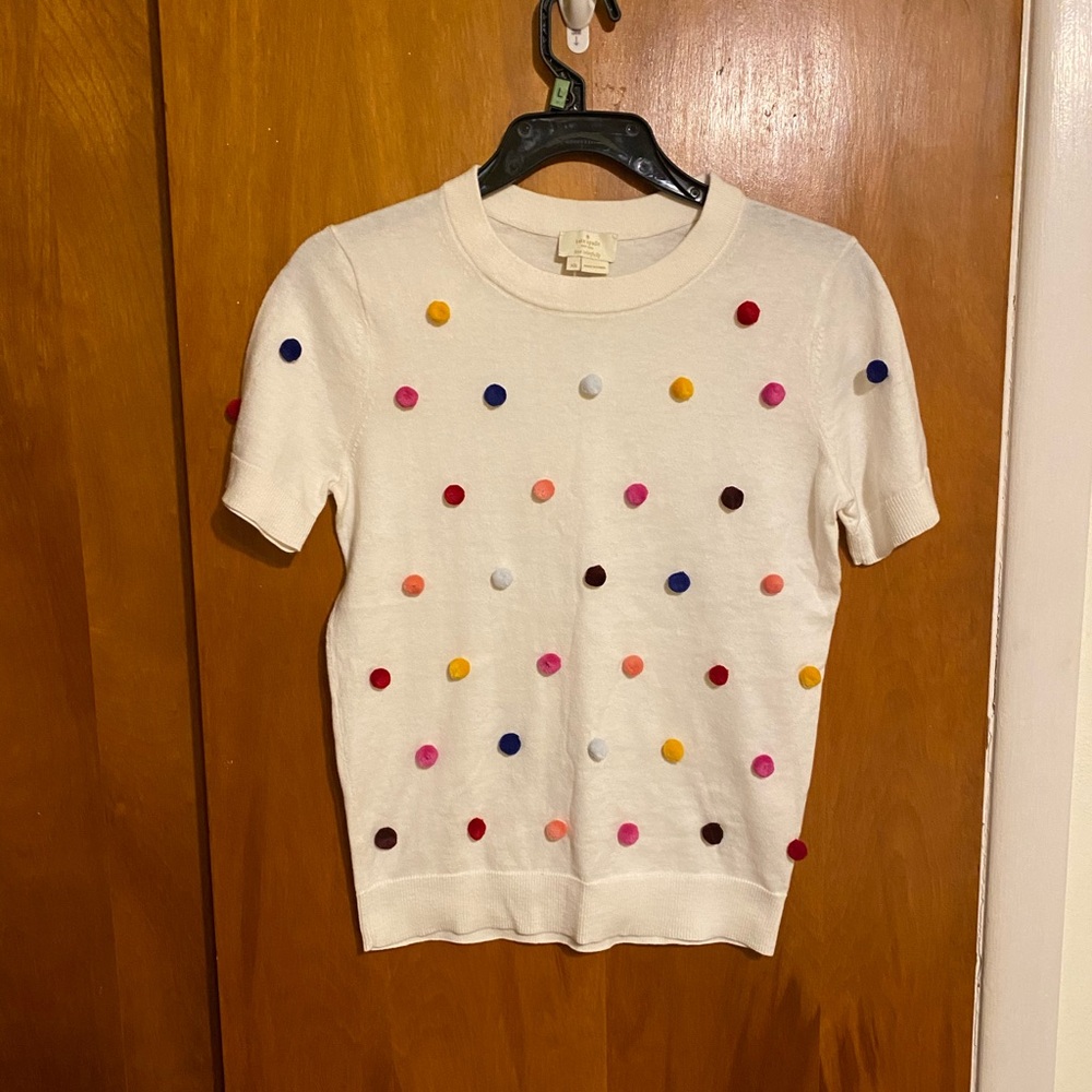 Kate Spade Cream  Short Sleeve Crew Neck Tee with Multicolor PomPoms, Women’s XS